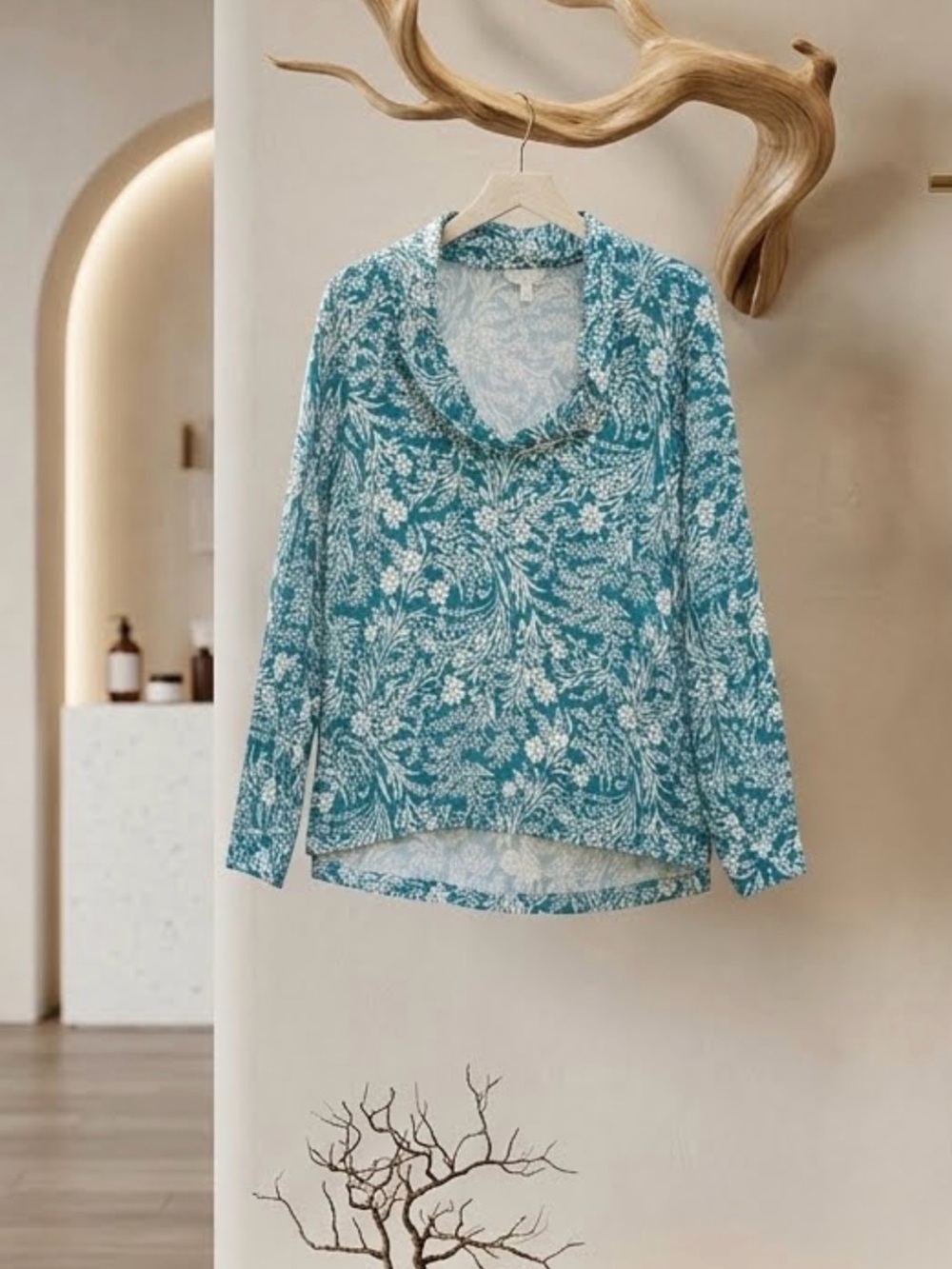 crown & ivy Teal and White Floral Long Sleeve Top